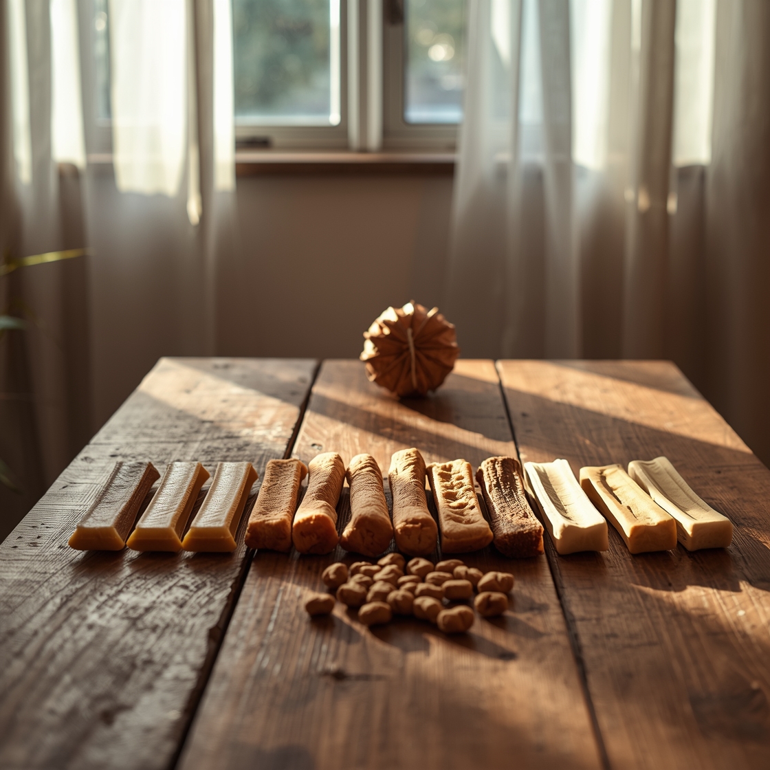 Seven dog dental chews on a wooden table for comparison