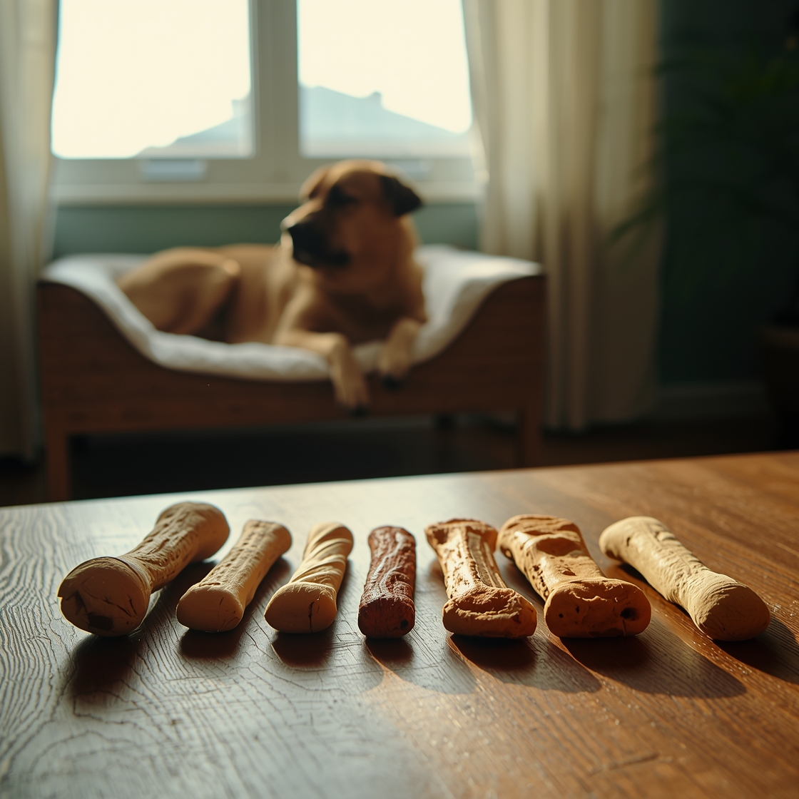 Selection of dental chews for large breed dogs on a table