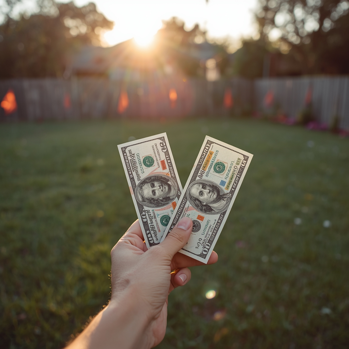 Hand comparing dollar bills with wireless dog fence in background