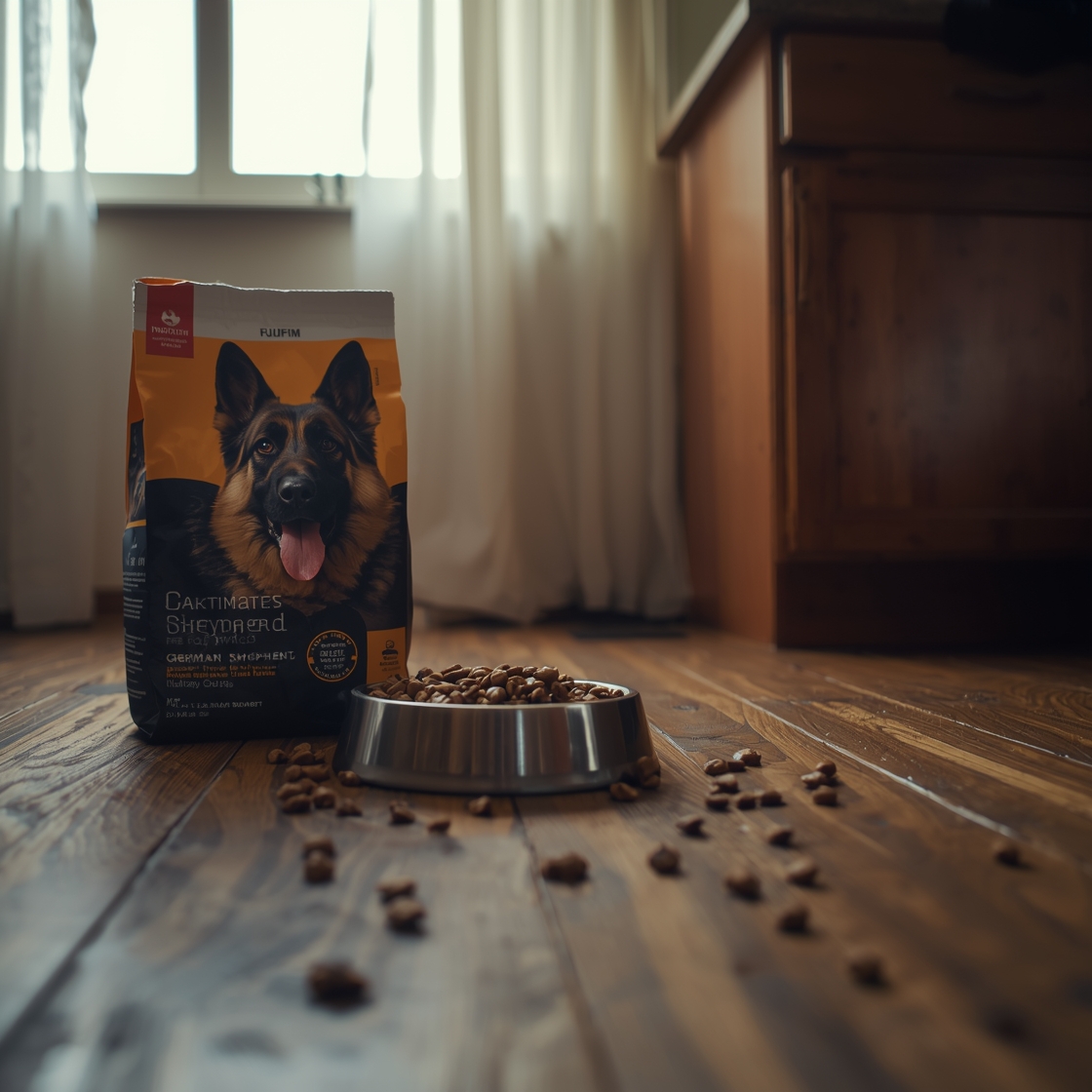 High-quality dog food bag and bowl on rustic wooden floor