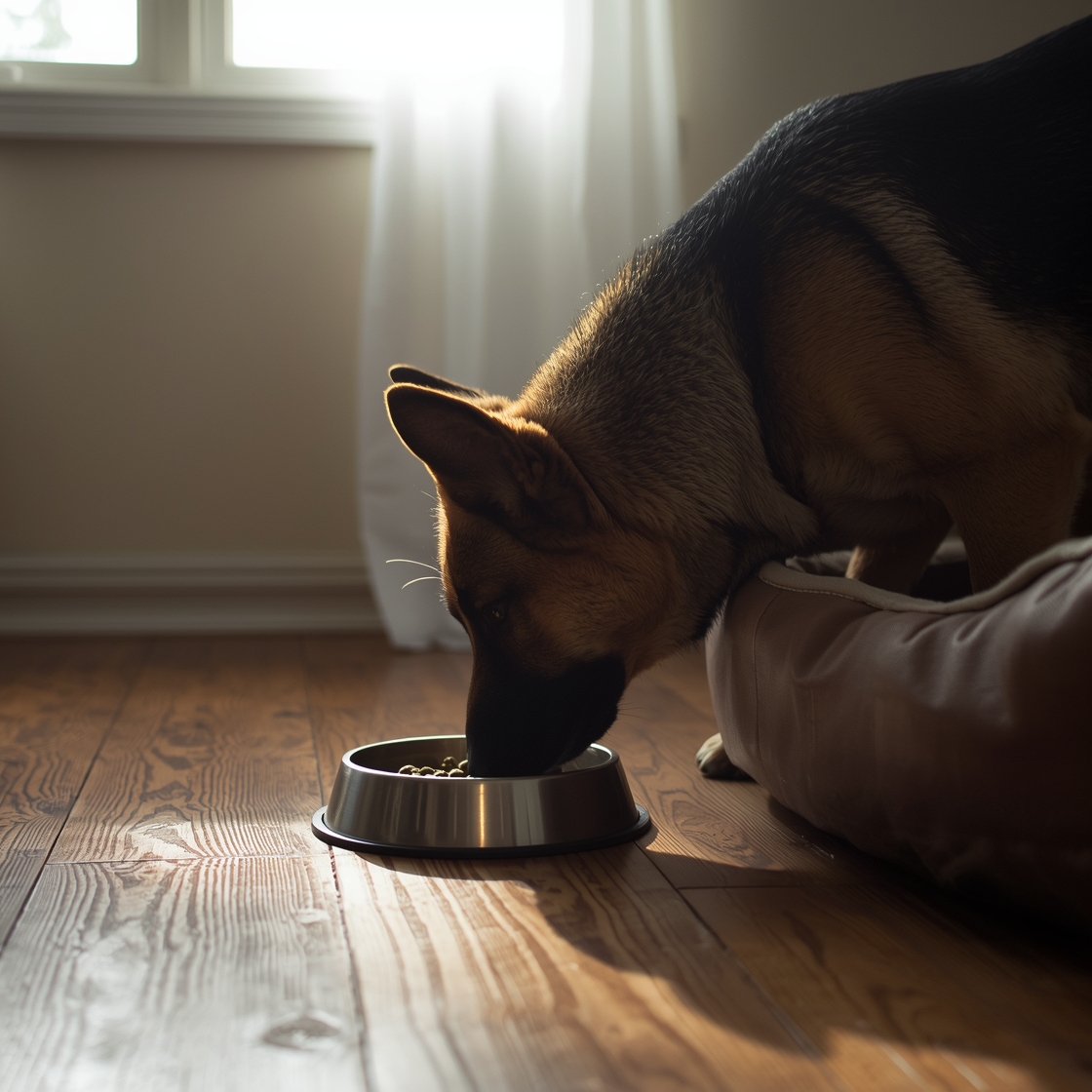German Shepherd eating kibble from stainless steel bowl on wooden floor