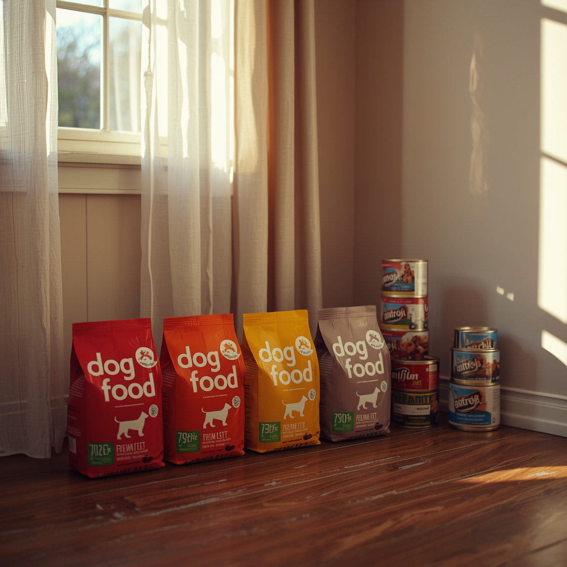 Variety of dog food bags and cans on wooden floor