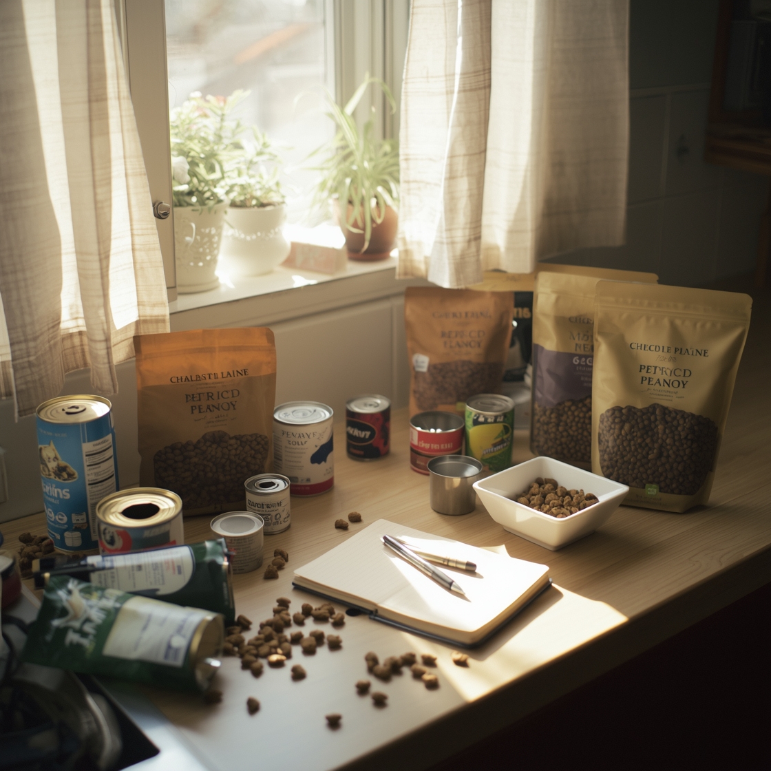 A cluttered kitchen counter with dog food and testing equipment