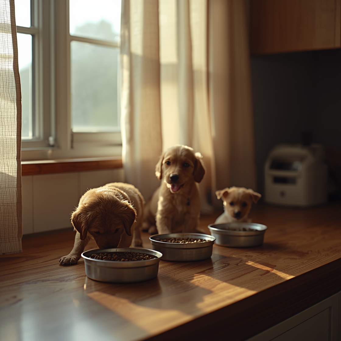 Small breed dogs eating from and sitting beside wet dog food containers