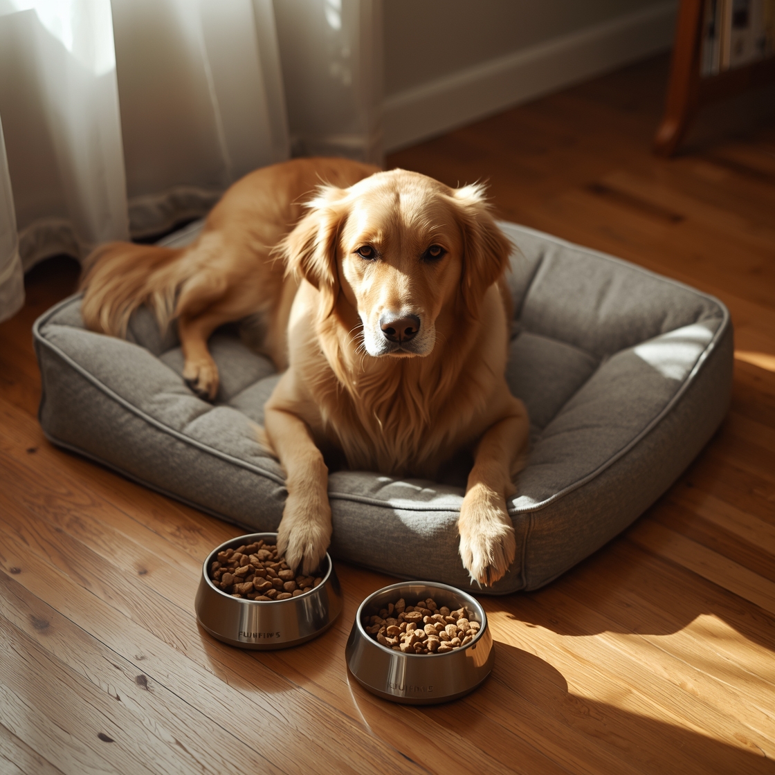 A senior golden retriever surrounded by dog food bowls on hardwood floor