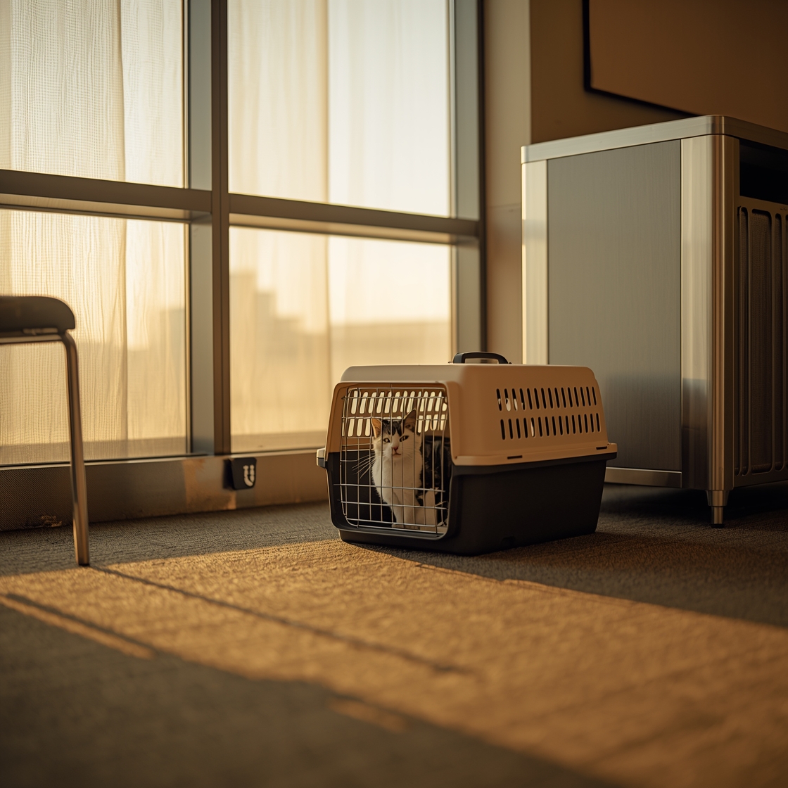 Pet carrier for airline travel with calm cat inside