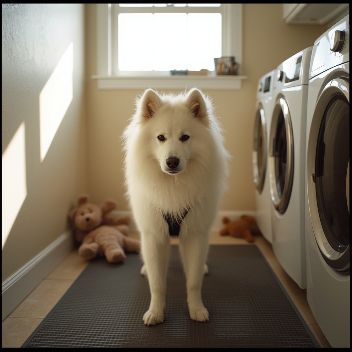 A fluffy white Samoyed standing on a mat in a laundry room