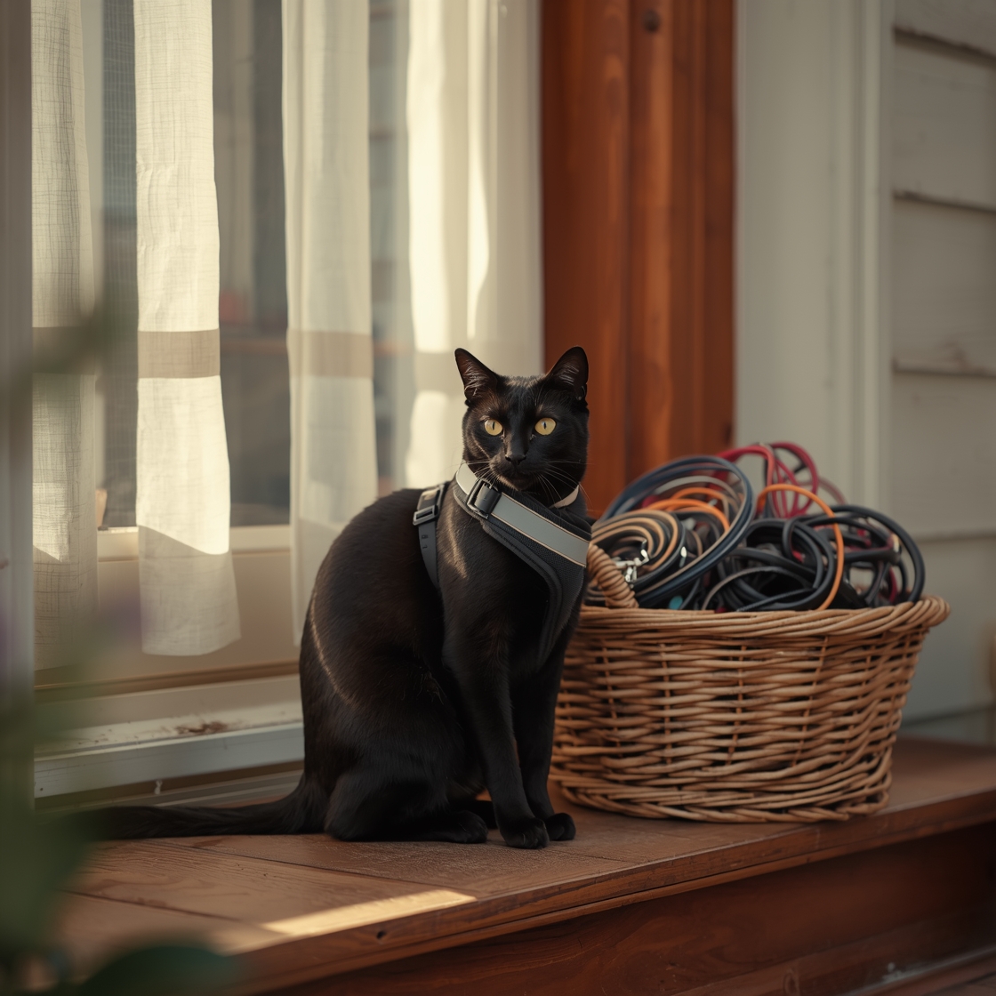 Black cat in adjustable nylon harness on wooden porch step