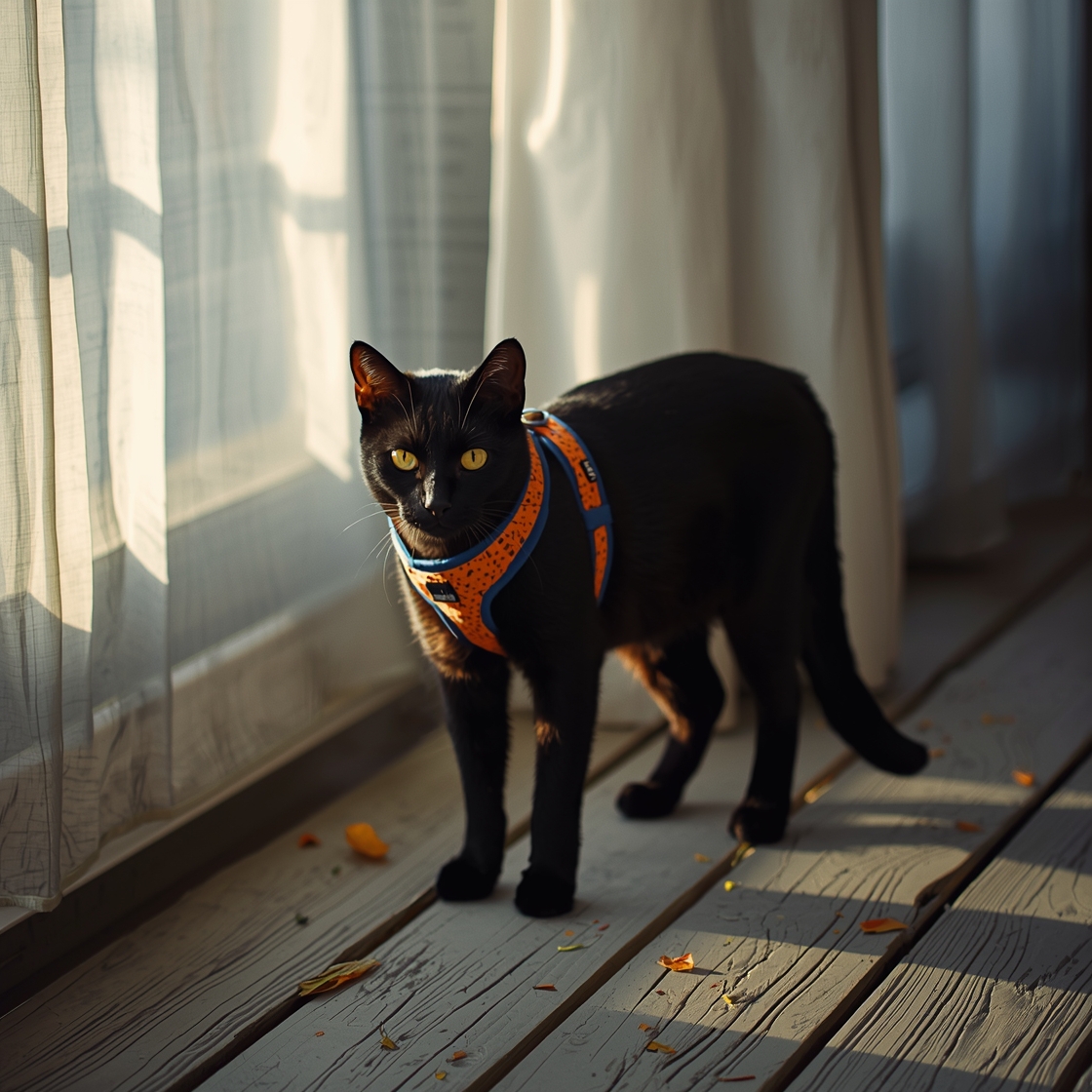Black cat in orange and blue striped harness on wooden deck