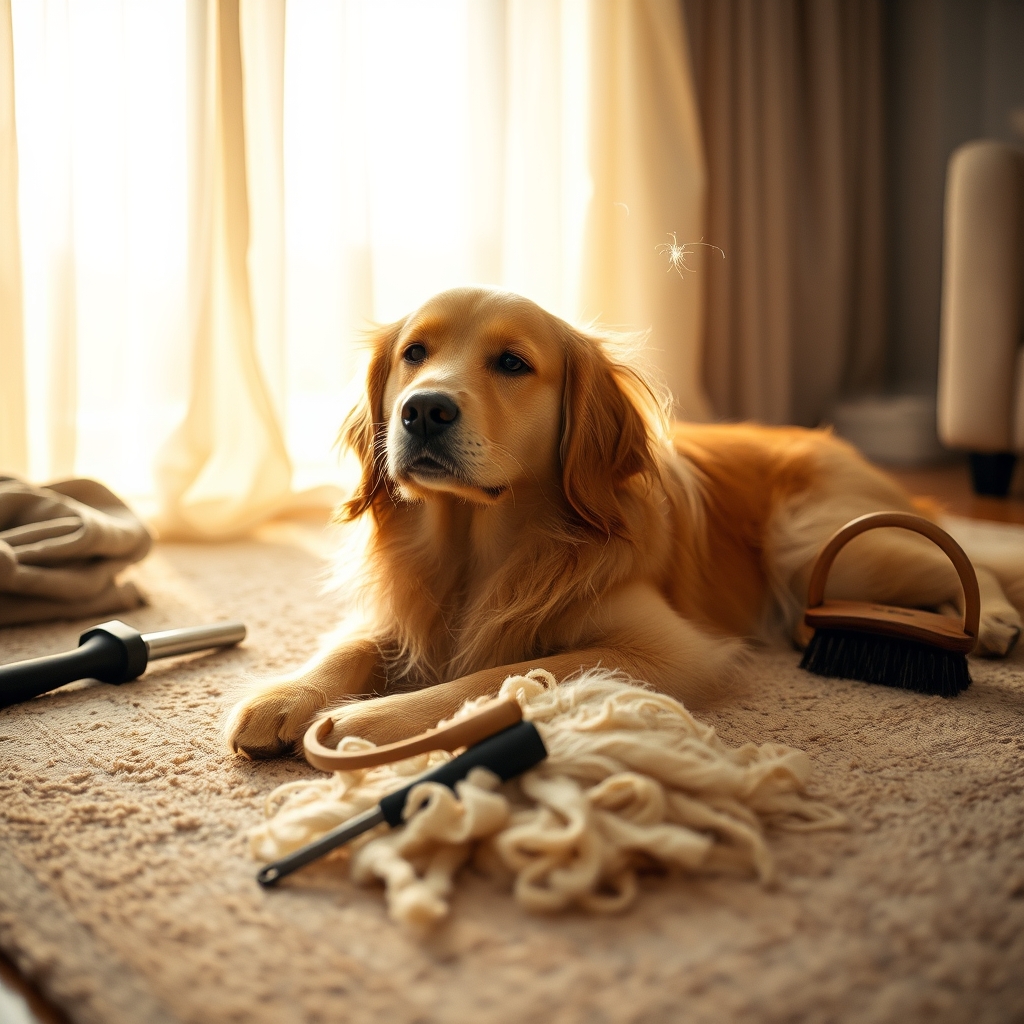 Golden Retriever lying on a rug surrounded by deshedding tools