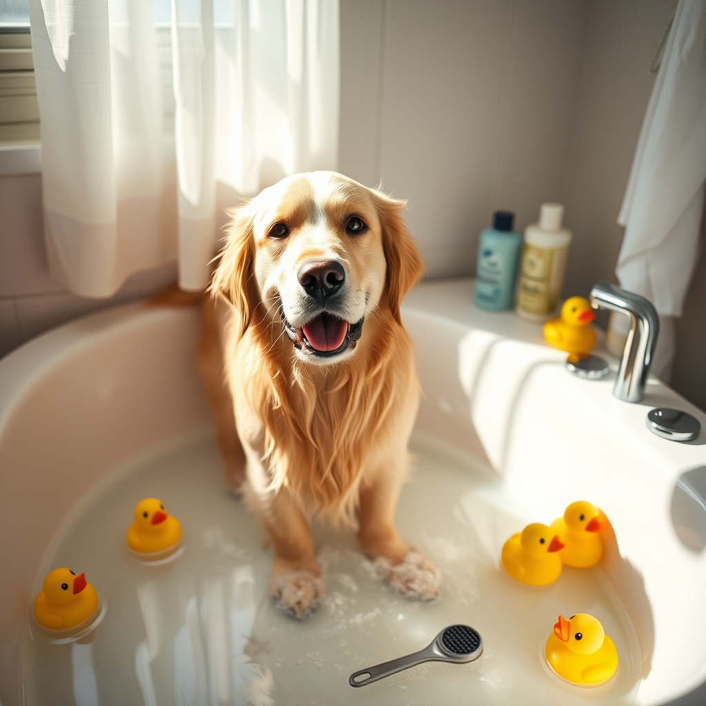 Golden Retriever being rinsed in bathroom with deshedding tools nearby
