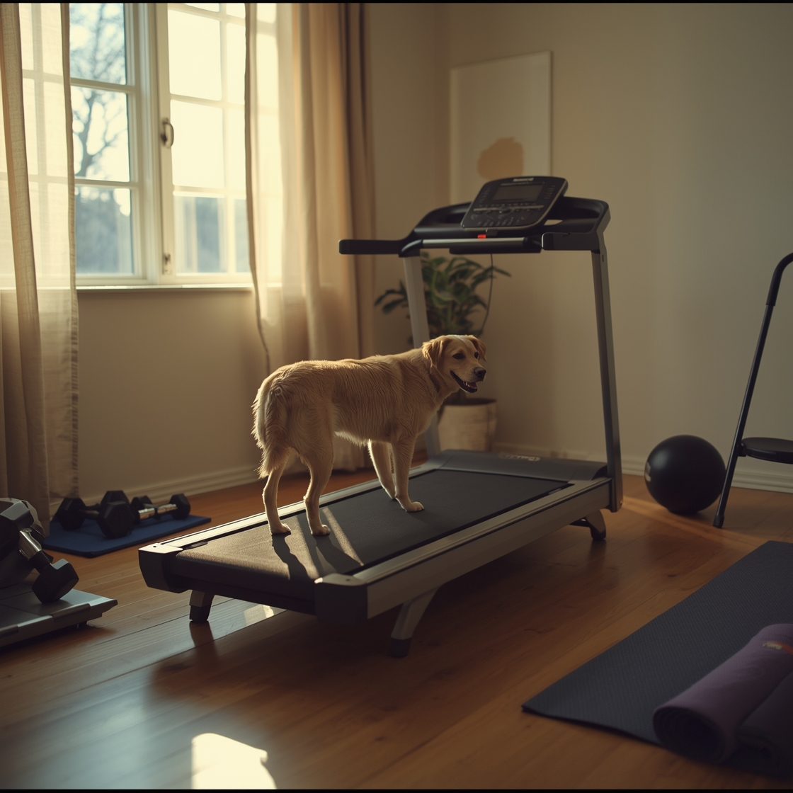 A dog treadmill in a home gym with exercise equipment