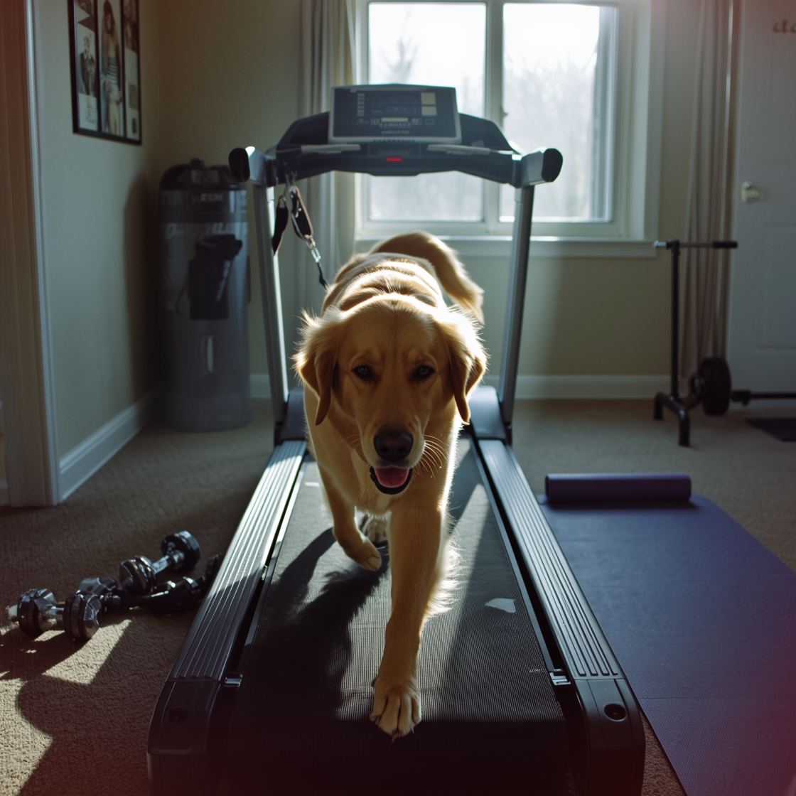 Dog on treadmill in home gym with exercise equipment around