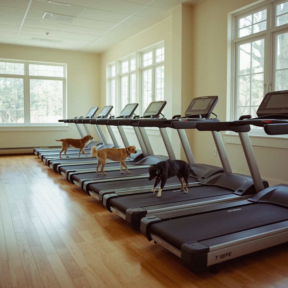 Five dog treadmills for indoor exercise side by side