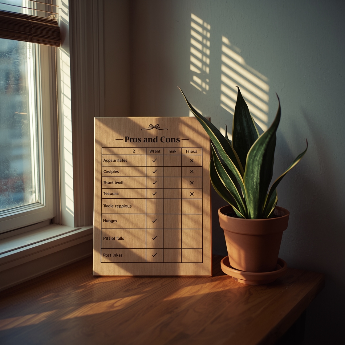 A pros and cons chart on a wooden desk