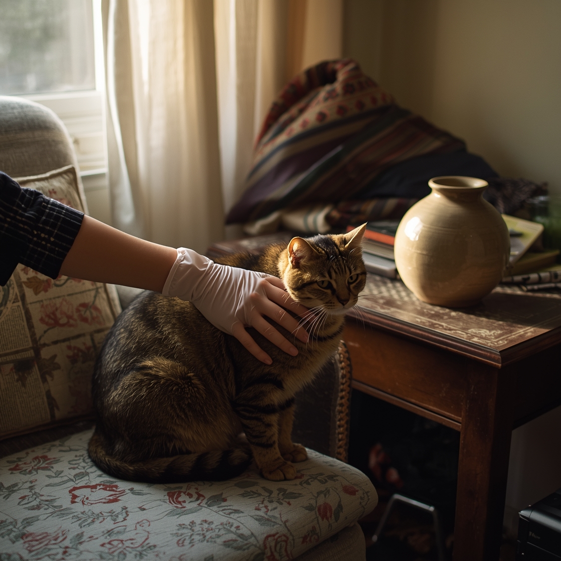 Cat grooming gloves in use on a calm tabby cat