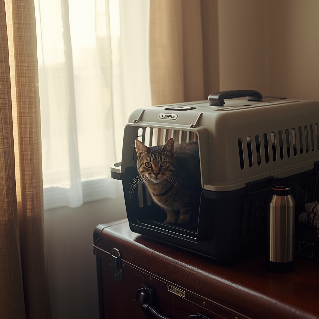 Pet carrier with cat on suitcase, travel guides nearby