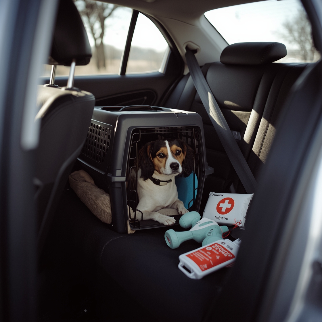 Pet carrier secured in car back seat with travel essentials