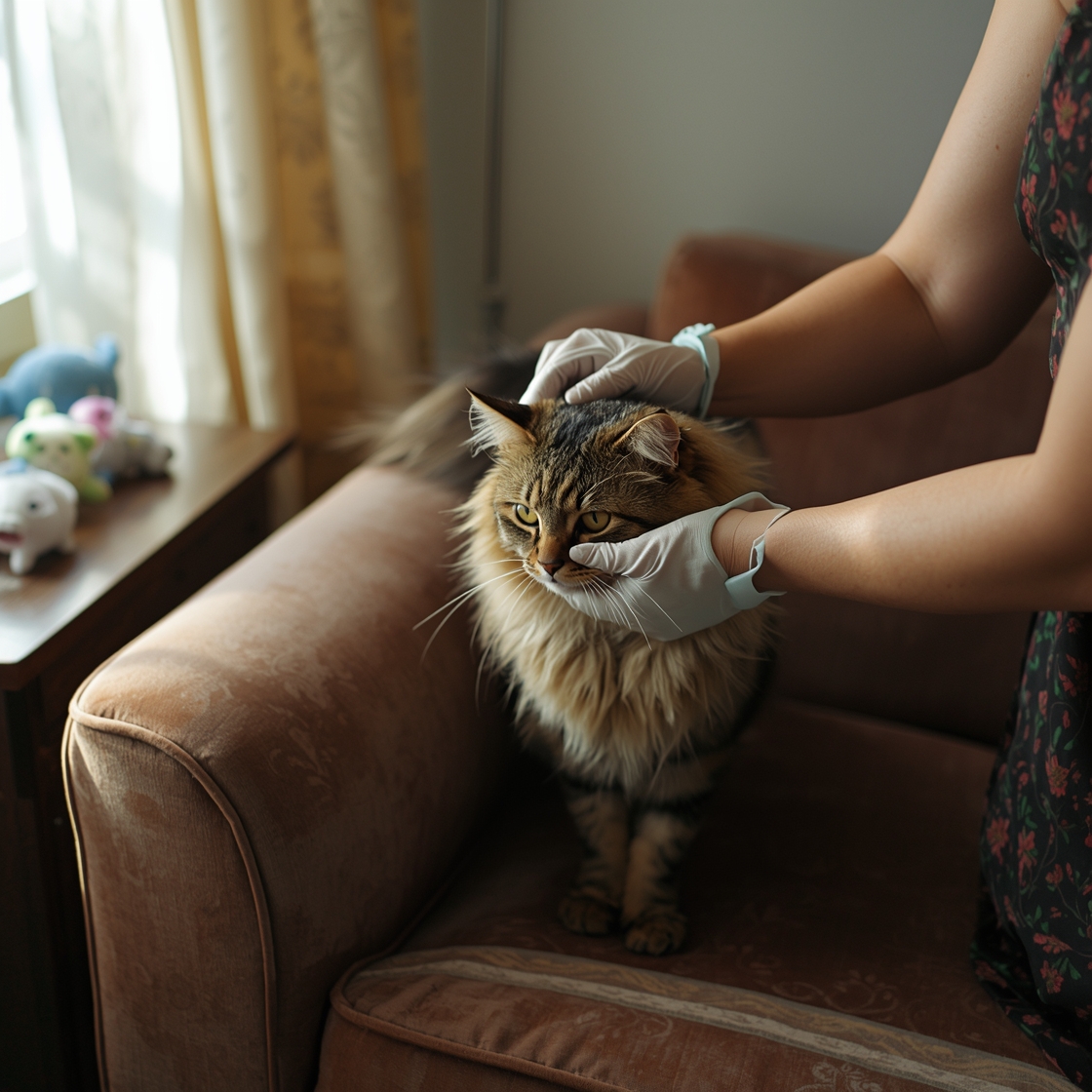 Cat grooming gloves in use on long-haired tabby cat