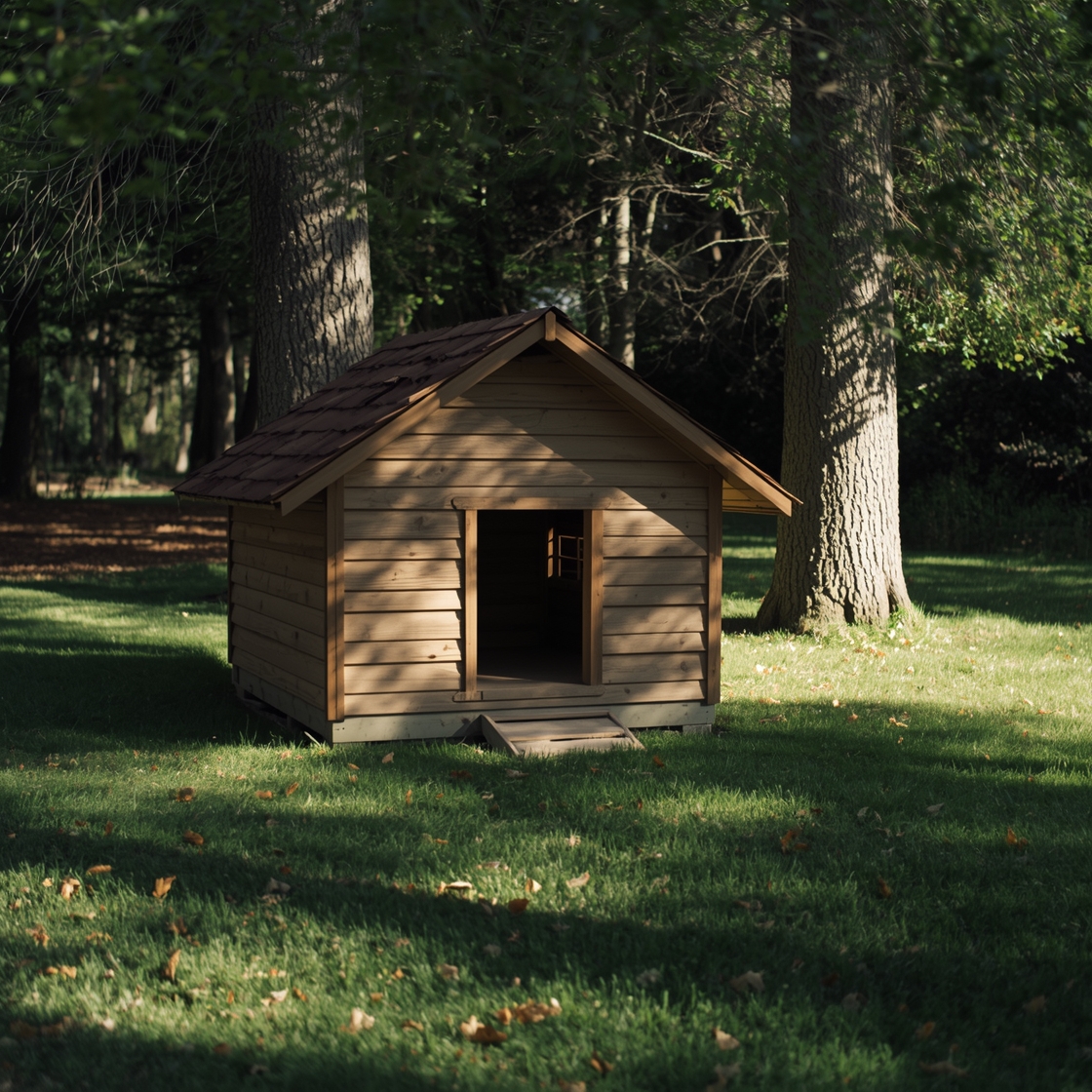 A rustic wooden dog house on a grassy lawn surrounded by trees