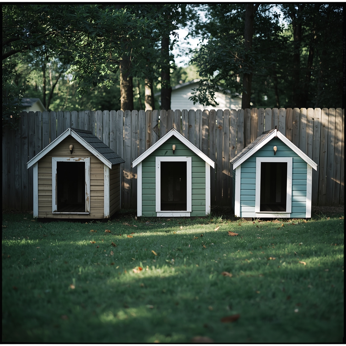 Three dog houses in a backyard for large dogs