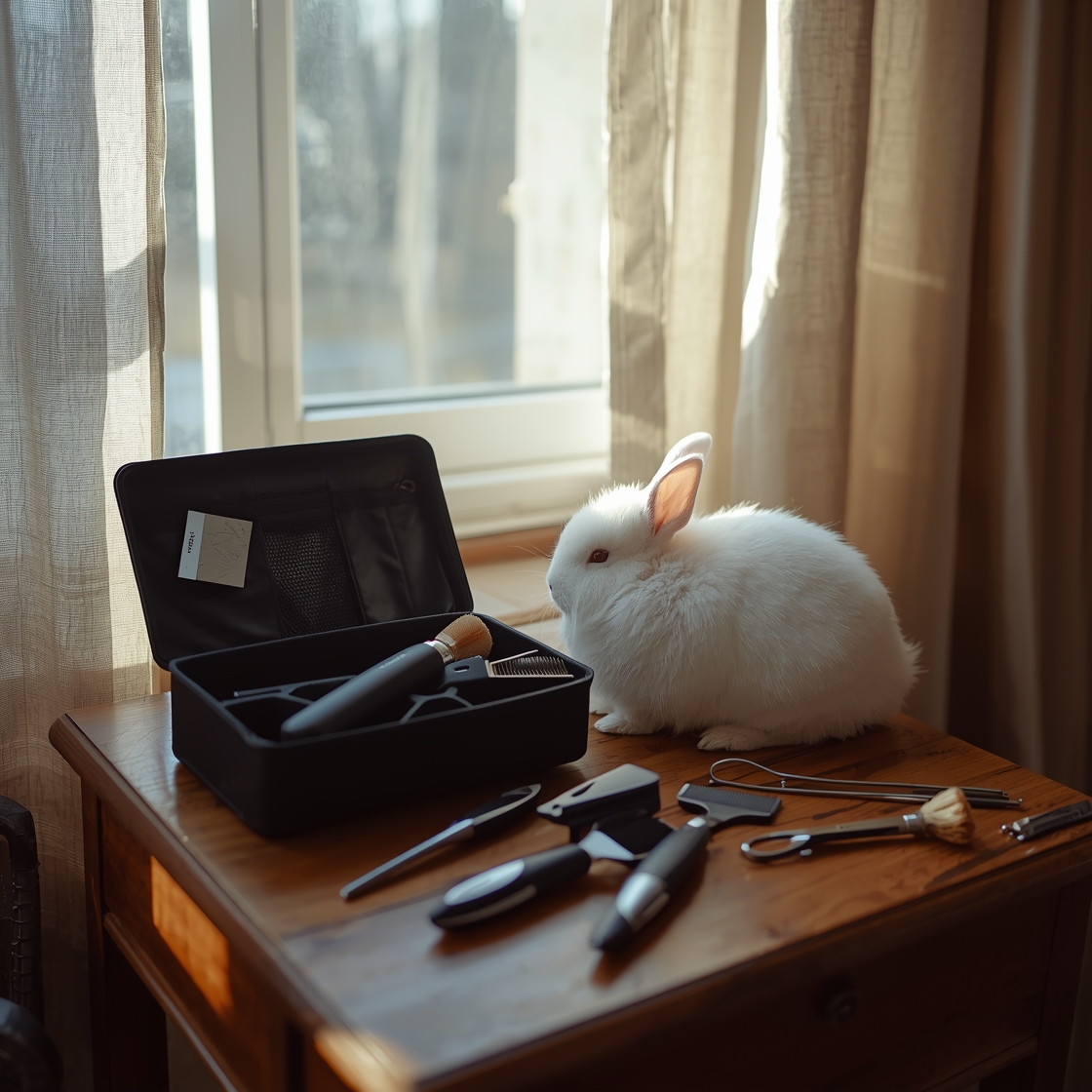 Rabbit grooming kit and tools on a wooden table beside a fluffy white rabbit