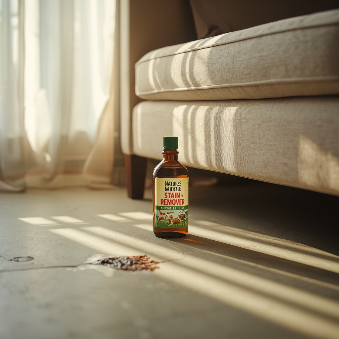 Nature's Miracle Stain and Odor Remover bottle on a floor