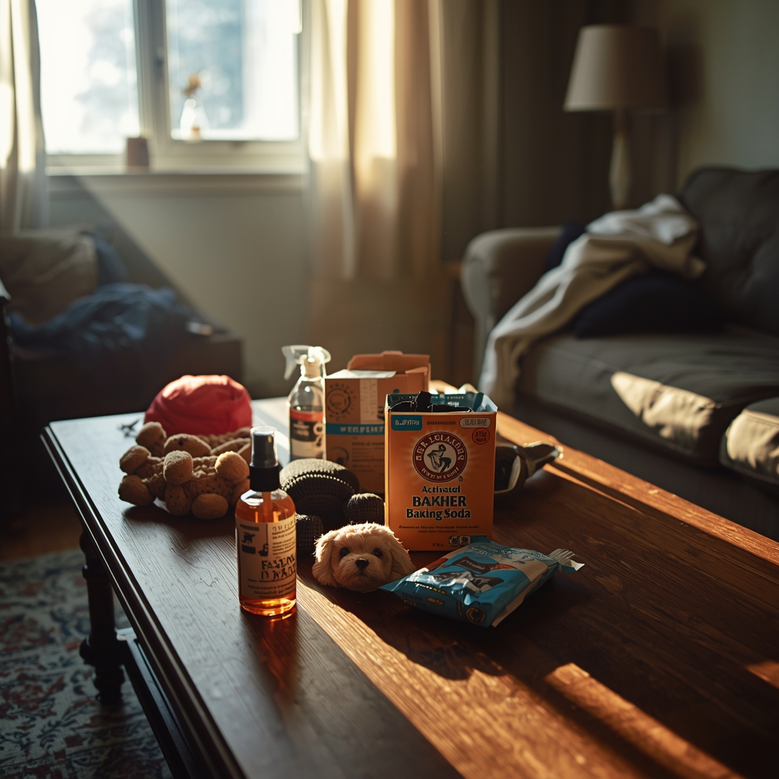 Pet odor eliminator products on a cluttered coffee table