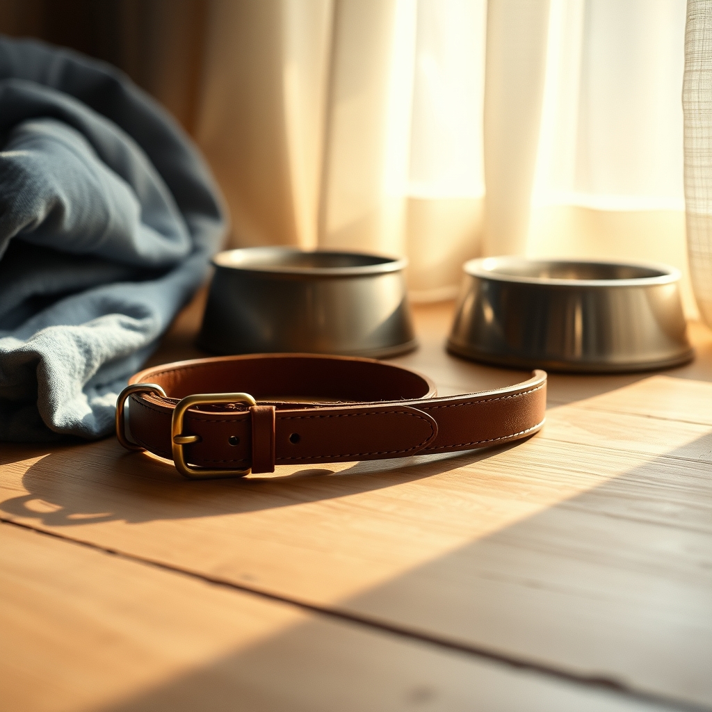 A leather dog collar on a wooden workbench