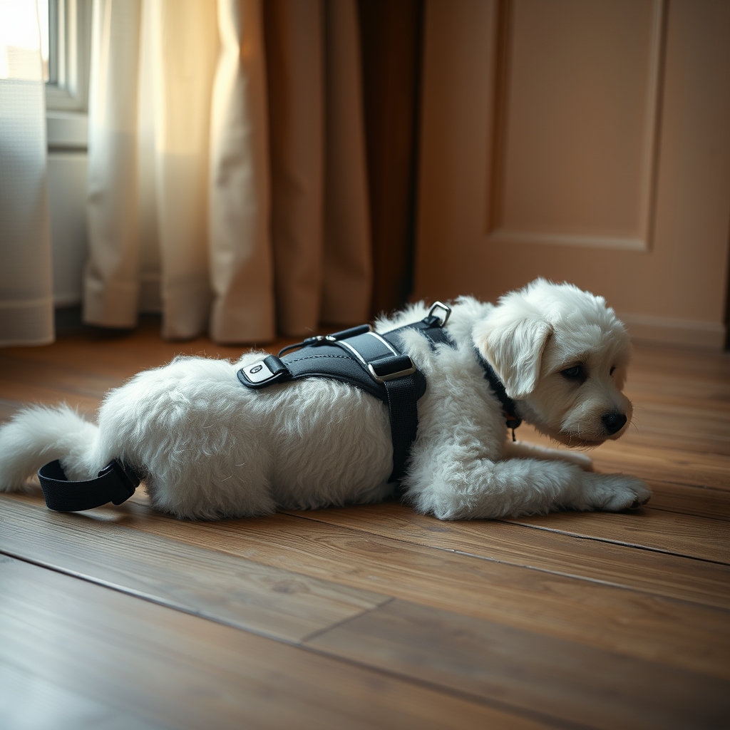 puppy in red harness on wooden deck
