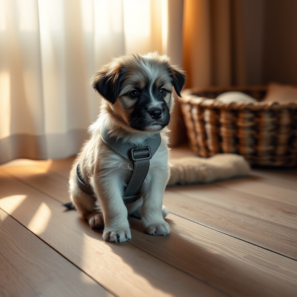 Puppy in red harness on jute rug in pet store