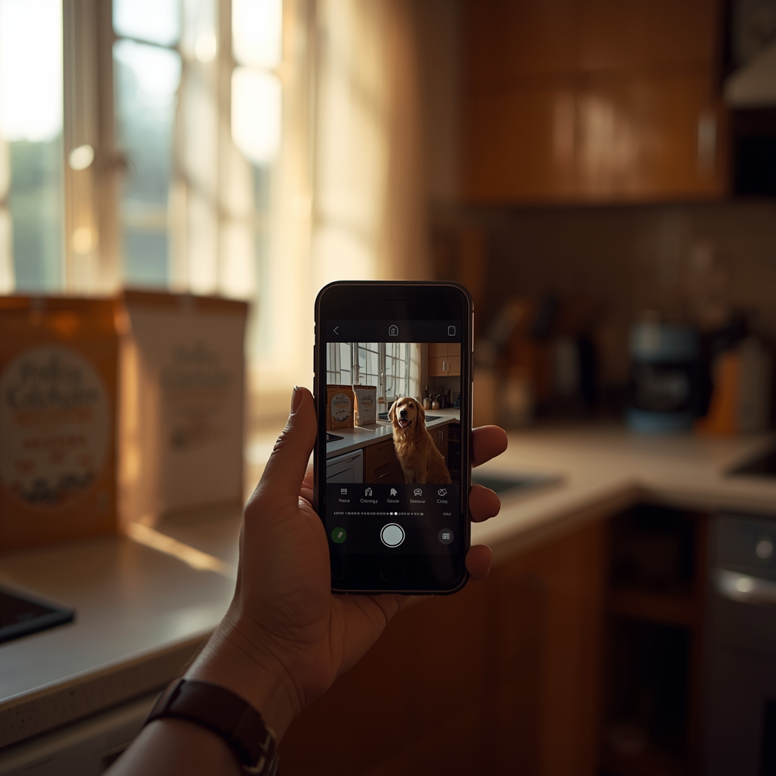 Smartphone showing dog feeding calculator app in a kitchen
