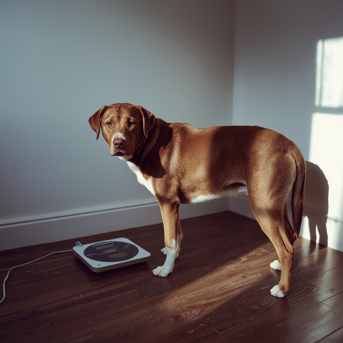 A 50-pound mixed-breed dog standing on a hardwood floor beside a digital scale