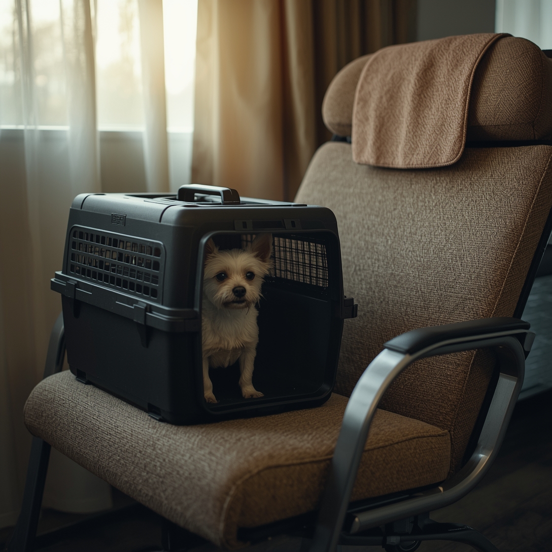 Small dog in airline approved pet carrier at airport