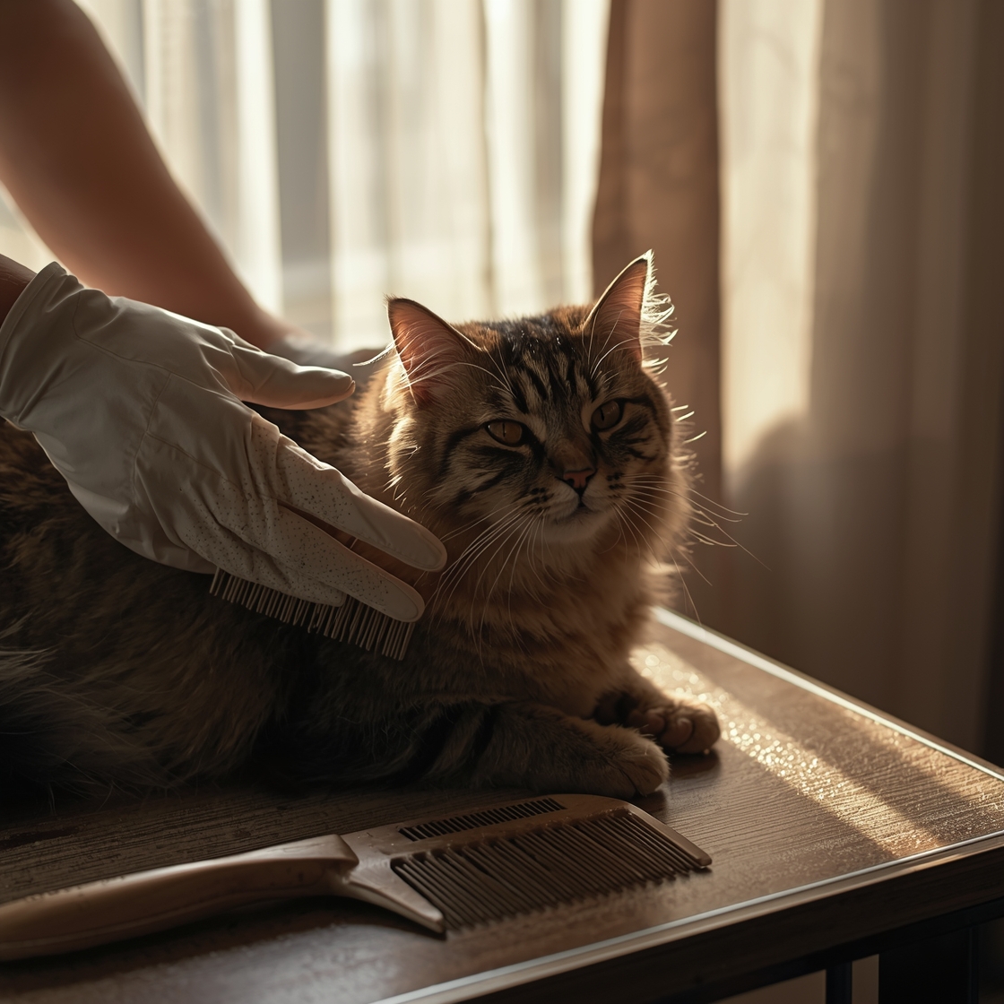Hand in pet grooming glove brushing cat's thick fur