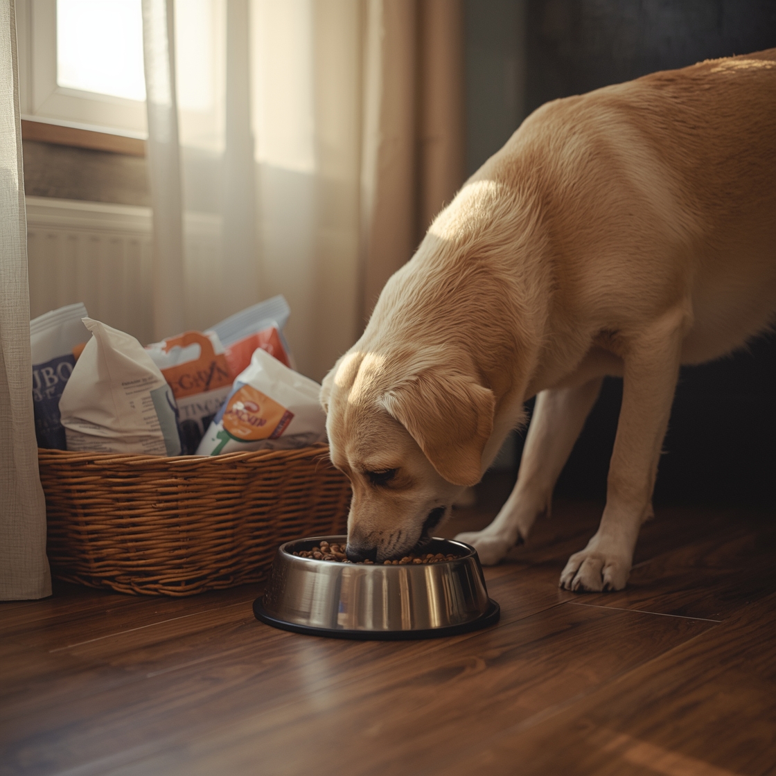 Labrador Retriever eating from a stainless steel food bowl on wooden floor