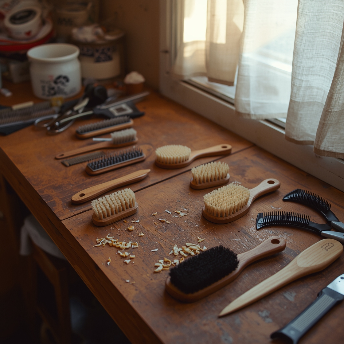 Variety of dog grooming brushes on a wooden workbench