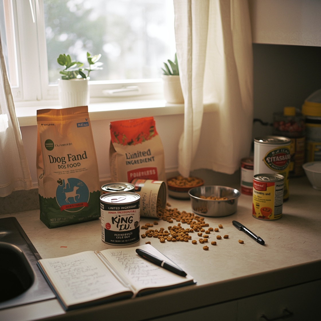 Cluttered kitchen counter with dog food and testing notes