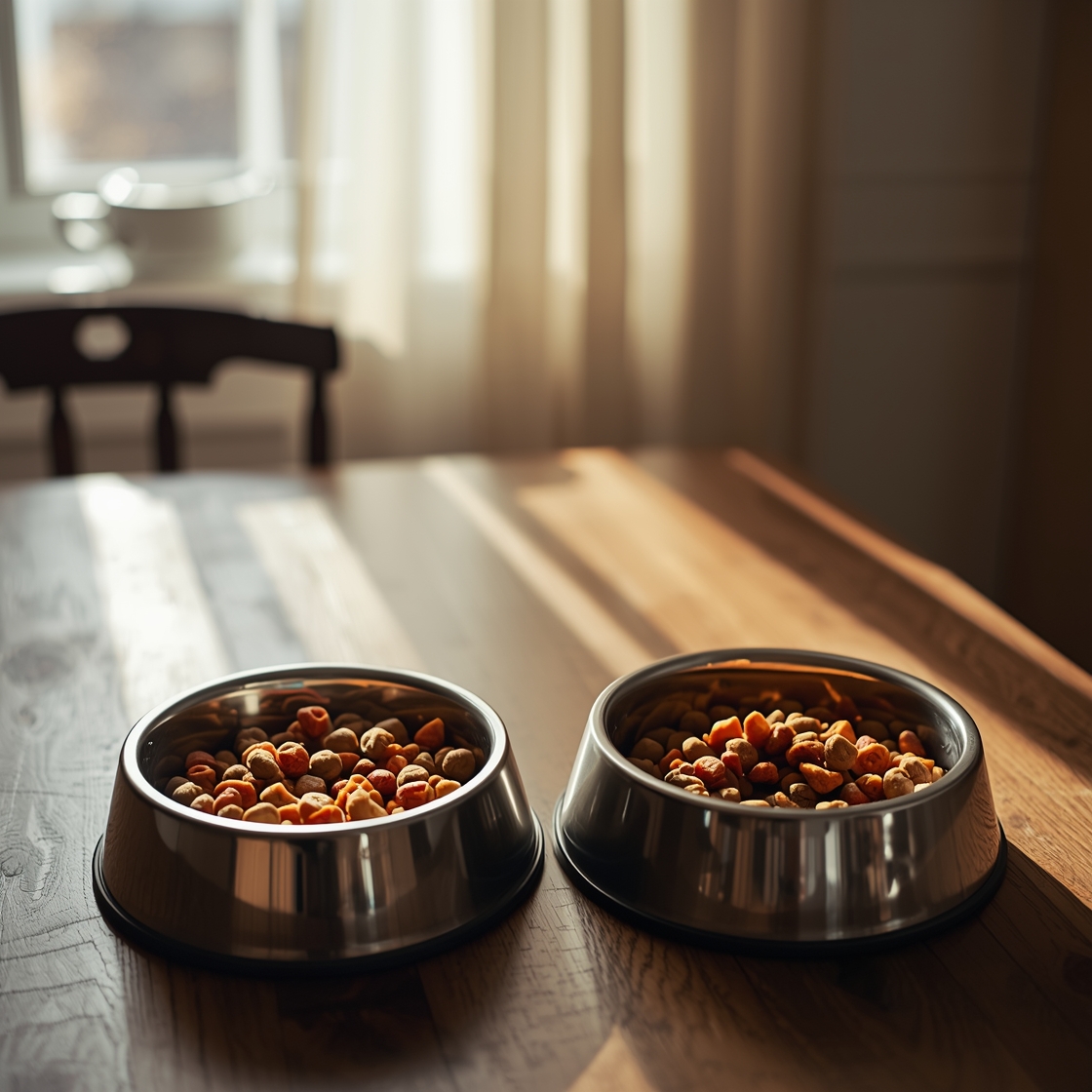 Two dog food bowls on a wooden table, limited ingredient and hydrolyzed