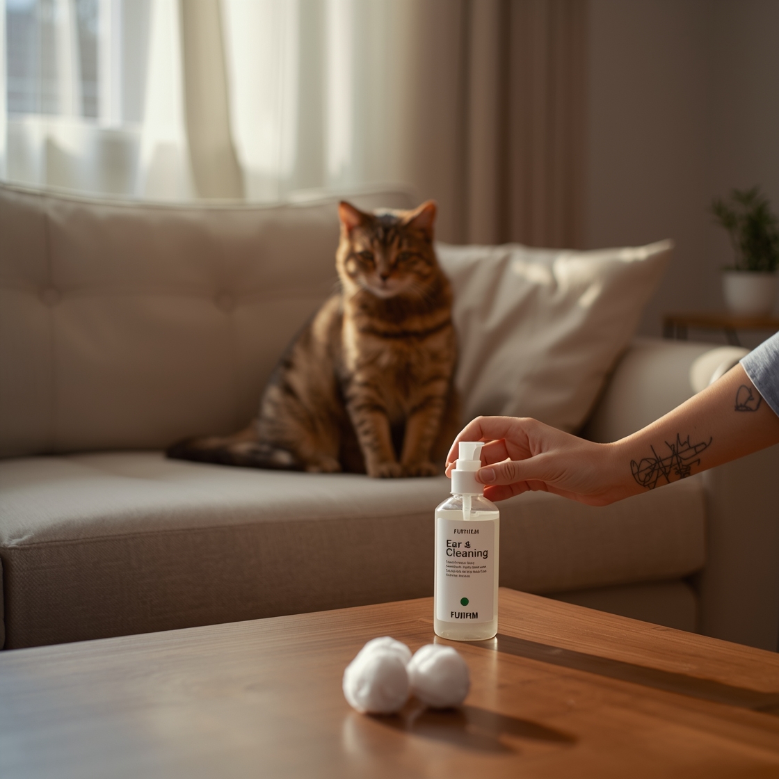 Dog ear cleaner and cotton balls on a coffee table