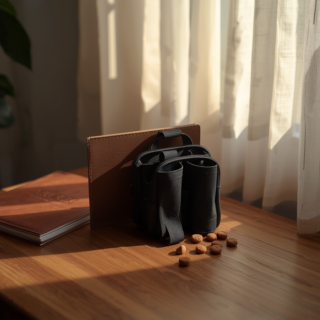 dog treat pouch on wooden table with training manual and treats