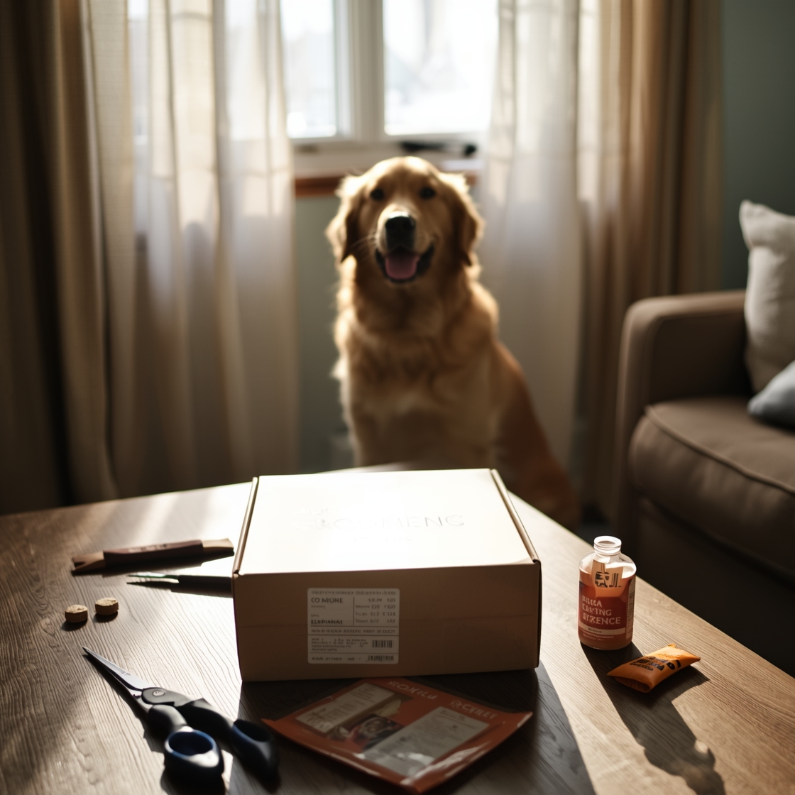 Dog grooming subscription box on a coffee table with a happy dog