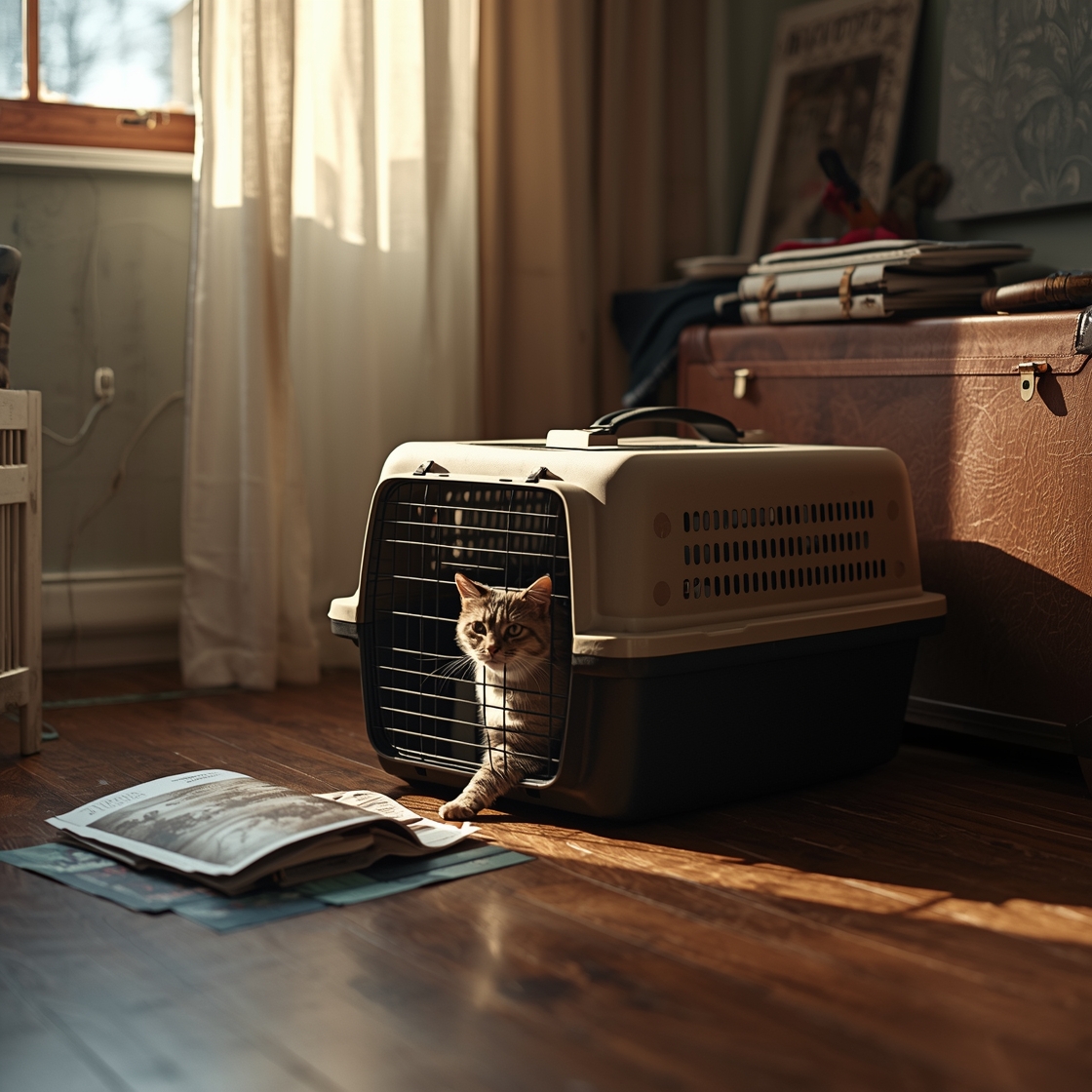 A cat carrier for travel on a wooden floor with travel accessories