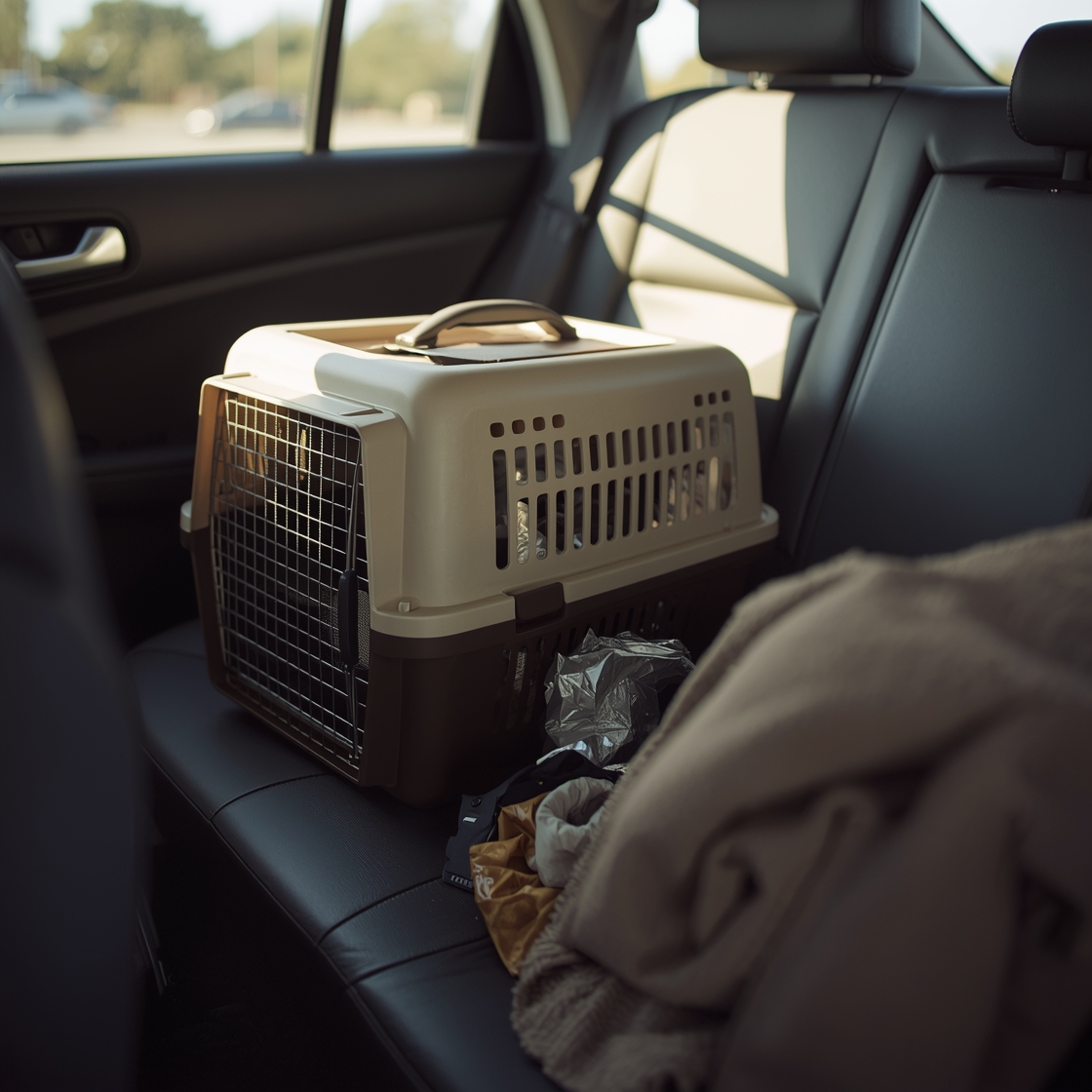 A cat carrier on a car seat for safe travel