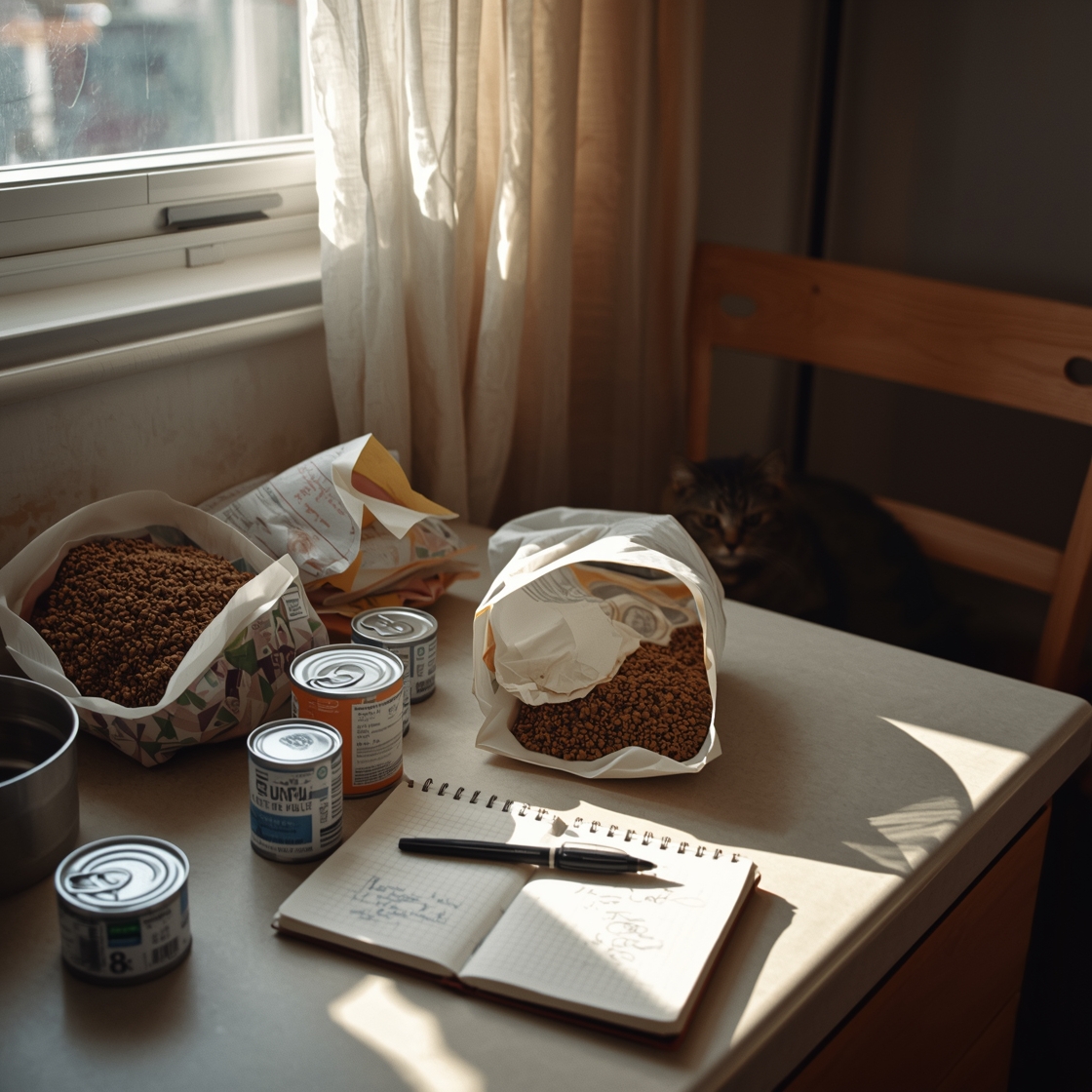 Cluttered kitchen counter with cat food and notebook, tabby cat on chair