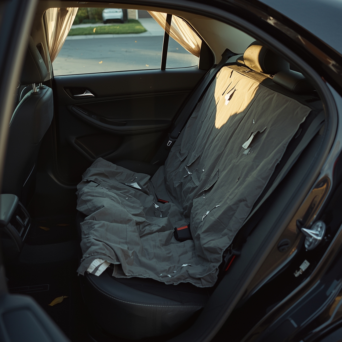 Worn dog car seat cover in a messy car backseat