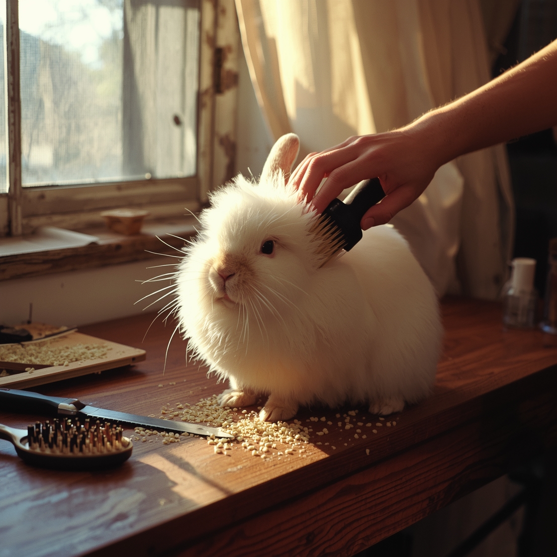 Fluffy white rabbit being brushed on a wooden grooming table