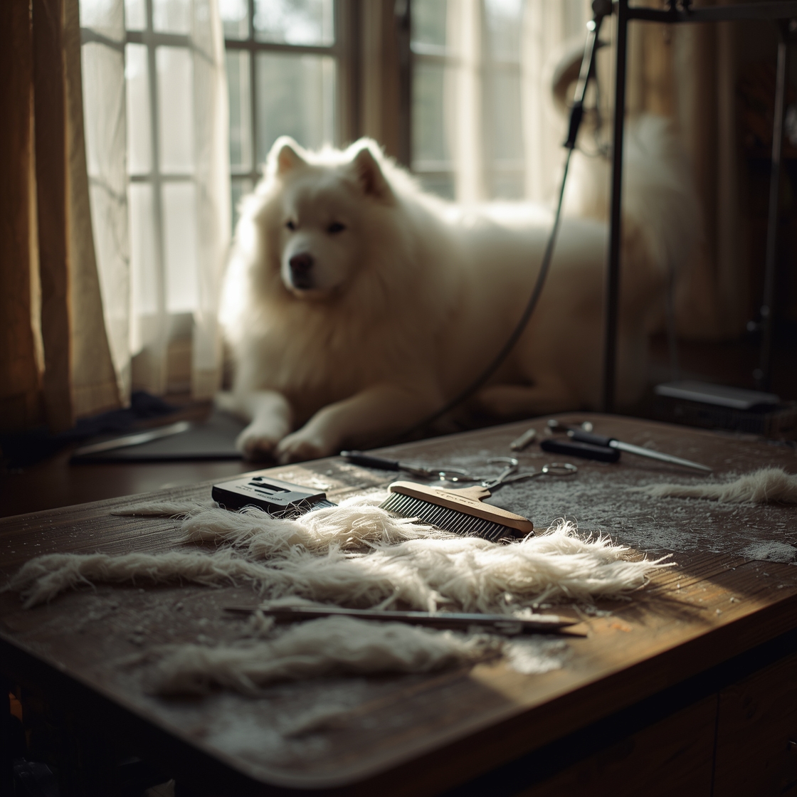 Dog grooming kit for large breed dogs on a workbench