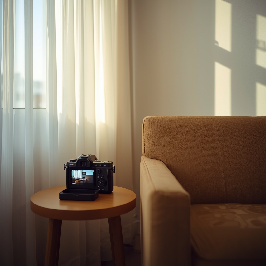 Automatic cat feeder with camera on a side table in living room