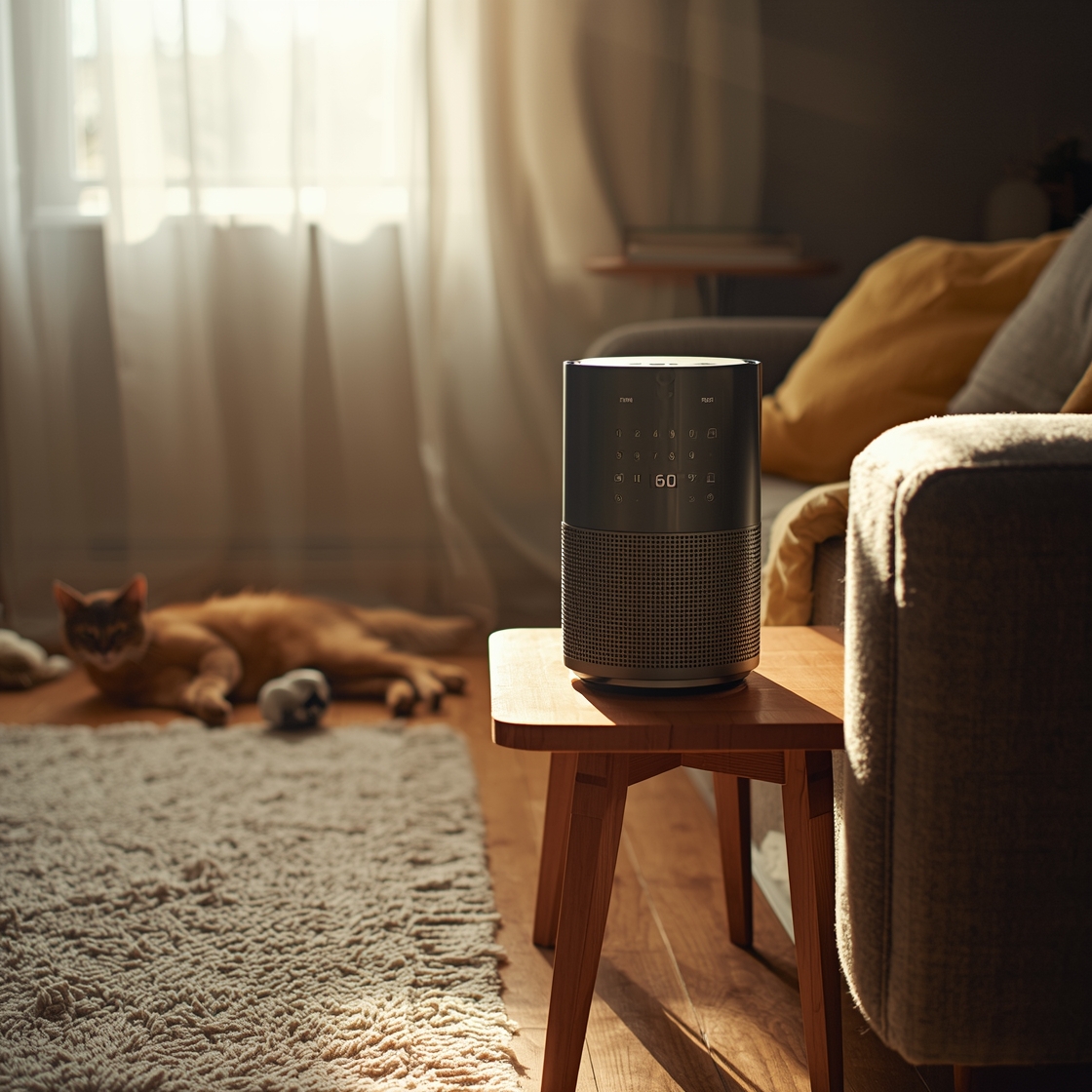 Air purifier for pet hair and dander on wooden side table
